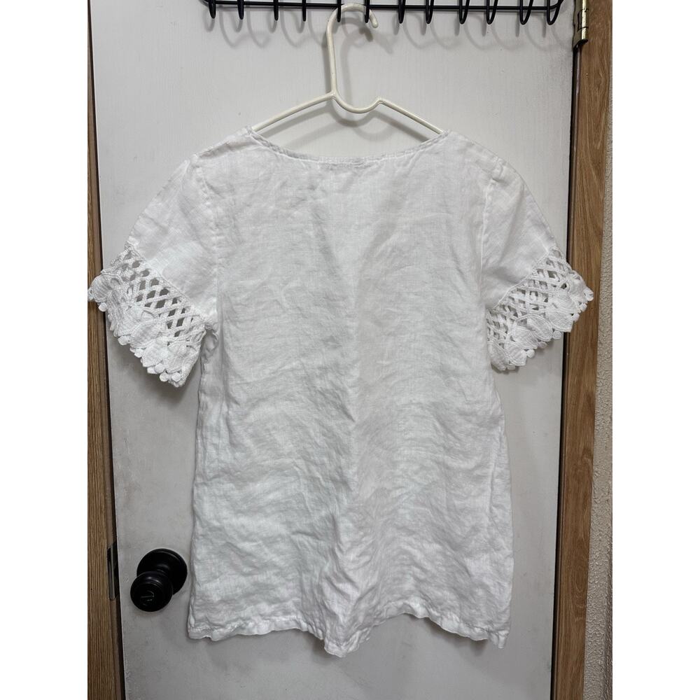 Marina Gigli Top Small White Linen Lace Trim Blouse Lagenlook Beach Resort - Picture 2 of 8